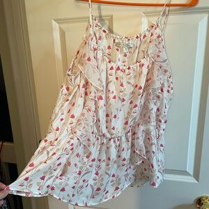 Silky white flowy peplum top with pink floral design